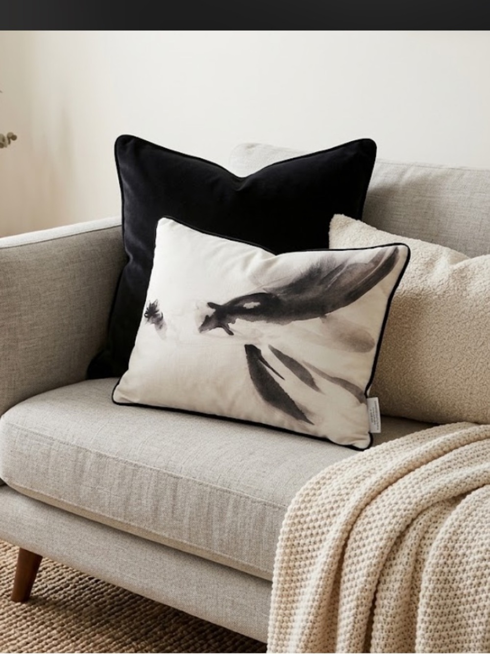 Sabine Black and White Abstract Print Faux Linen Pillow 14” x 18”